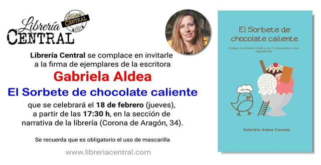 Gabriela Aldea firma El sorbete de chocolate caliente en la Librería Central de Zaragoza